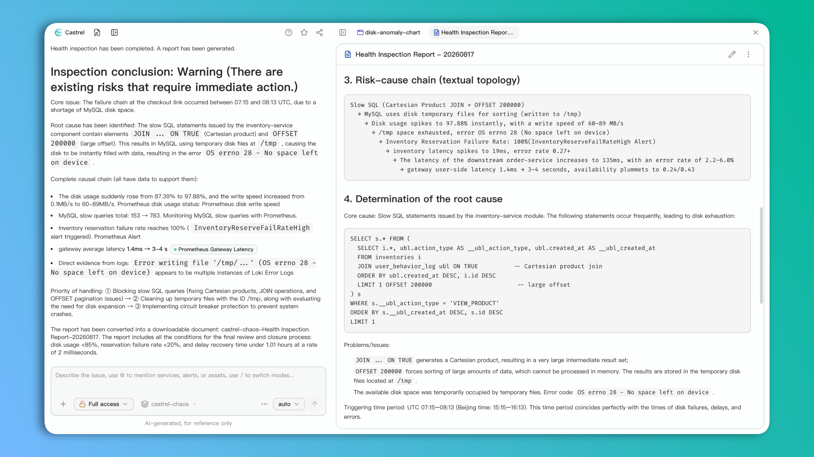 Root-cause validation evidence from a simulated failure scenario: abnormal SQL, MySQL temporary-file write-failure logs, and the investigation conclusion establish the source of resource pressure.